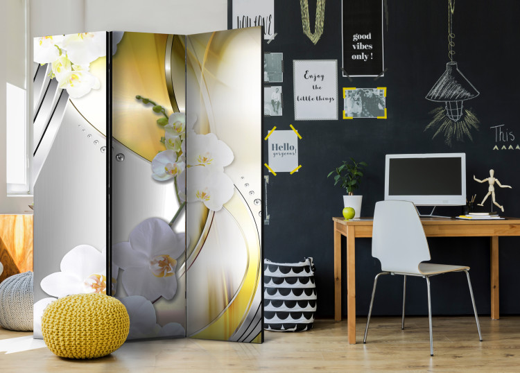 Room Separator Yellow Journey - white orchids on a background of silver and yellow abstraction 95392 additionalImage 4