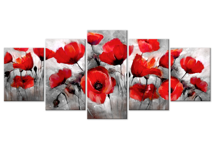 Canvas Print Nature in Art (5-part) - Painted Red Poppies on Gray Background 114503