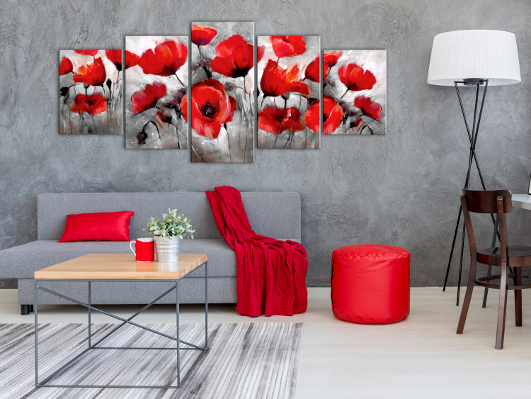 Canvas Print Nature in Art (5-part) - Painted Red Poppies on Gray Background 114503 additionalImage 3