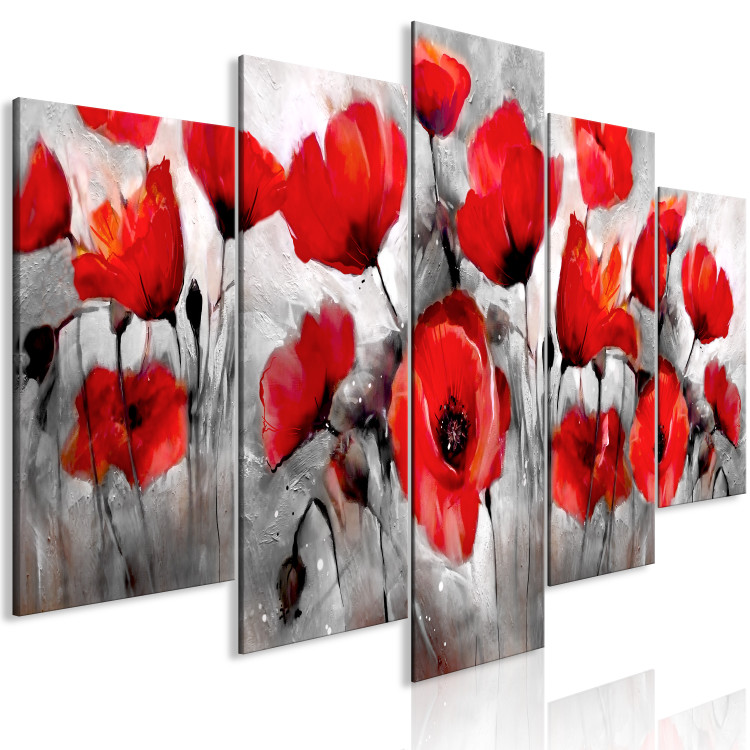 Canvas Print Nature in Art (5-part) - Painted Red Poppies on Gray Background 114503 additionalImage 2