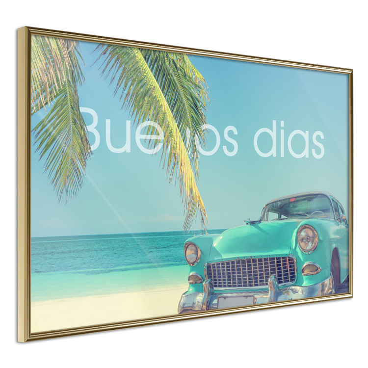 Poster Buenos días - blue retro car against a backdrop of palm trees and blue sky 116803 additionalImage 14
