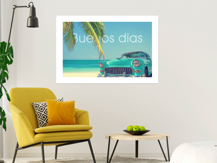 Poster Buenos días - blue retro car against a backdrop of palm trees and blue sky 116803 additionalImage 2