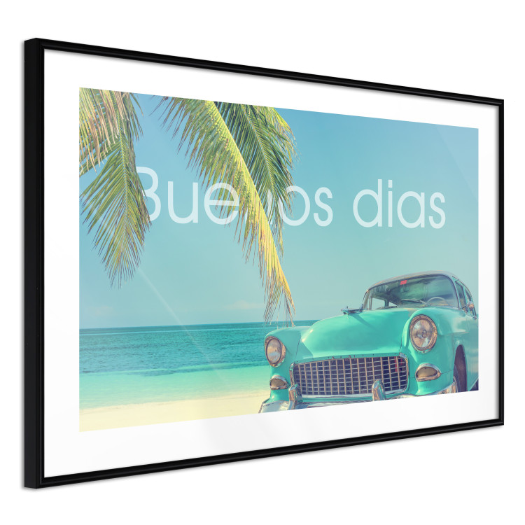 Poster Buenos días - blue retro car against a backdrop of palm trees and blue sky 116803 additionalImage 11