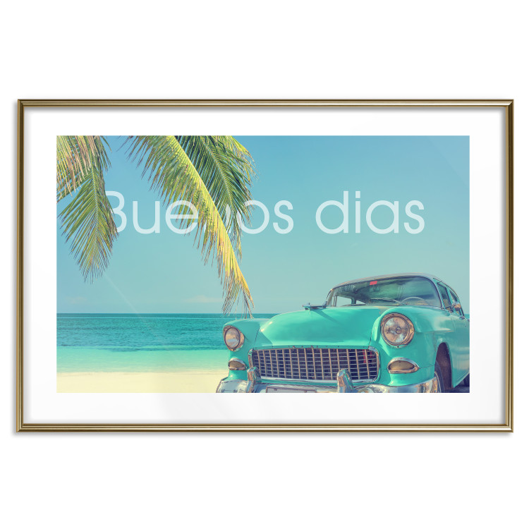 Poster Buenos días - blue retro car against a backdrop of palm trees and blue sky 116803 additionalImage 16