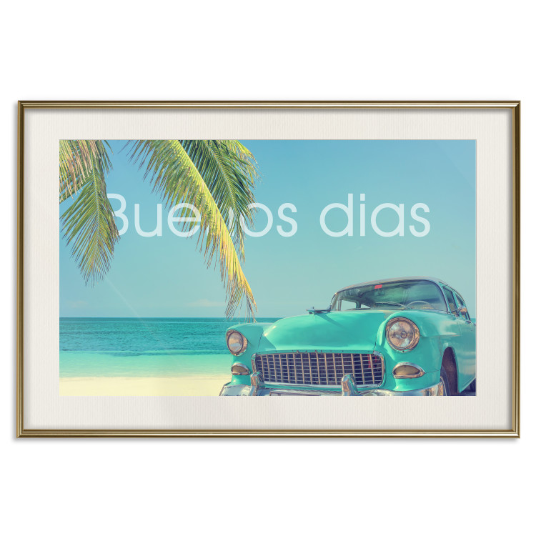 Poster Buenos días - blue retro car against a backdrop of palm trees and blue sky 116803 additionalImage 19