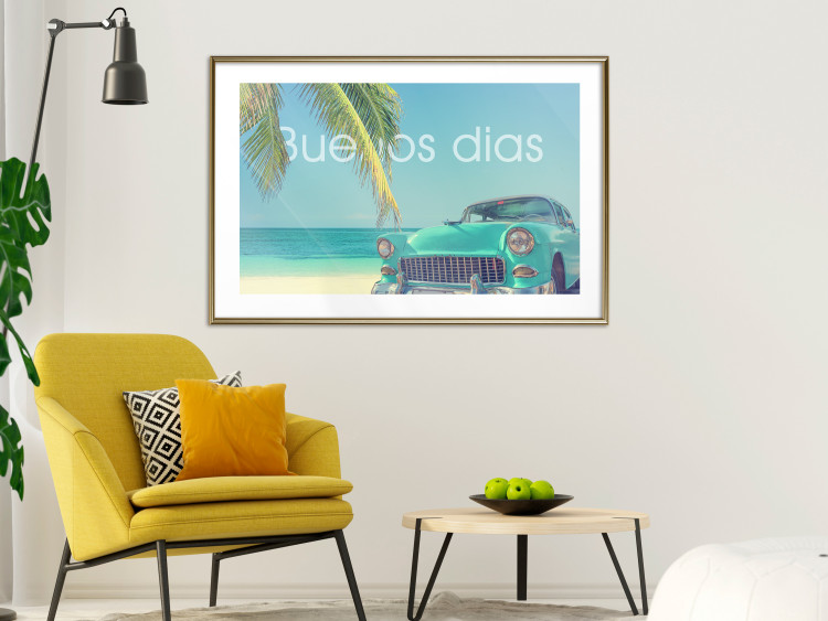 Poster Buenos días - blue retro car against a backdrop of palm trees and blue sky 116803 additionalImage 13
