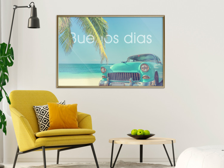 Poster Buenos días - blue retro car against a backdrop of palm trees and blue sky 116803 additionalImage 5