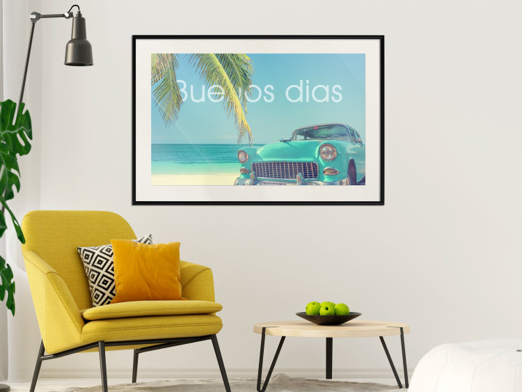 Poster Buenos días - blue retro car against a backdrop of palm trees and blue sky 116803 additionalImage 22