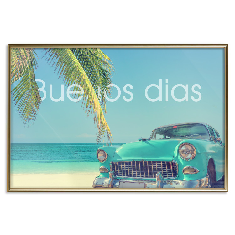 Poster Buenos días - blue retro car against a backdrop of palm trees and blue sky 116803 additionalImage 20