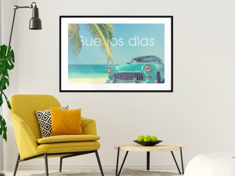 Poster Buenos días - blue retro car against a backdrop of palm trees and blue sky 116803 additionalImage 4
