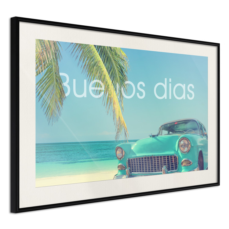 Poster Buenos días - blue retro car against a backdrop of palm trees and blue sky 116803 additionalImage 3