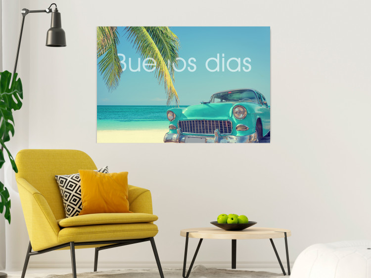 Poster Buenos días - blue retro car against a backdrop of palm trees and blue sky 116803 additionalImage 23