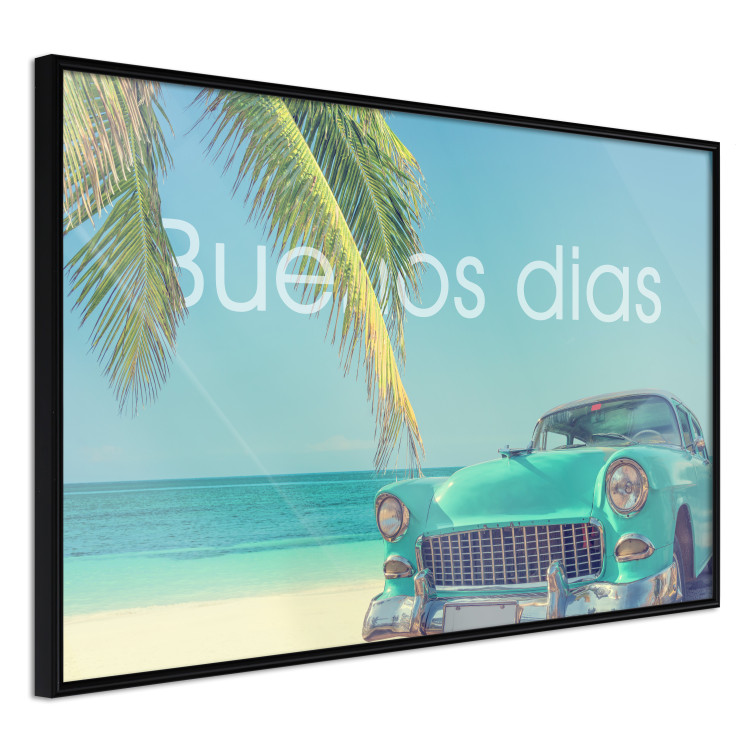 Poster Buenos días - blue retro car against a backdrop of palm trees and blue sky 116803 additionalImage 12