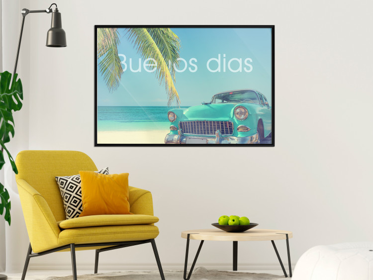 Poster Buenos días - blue retro car against a backdrop of palm trees and blue sky 116803 additionalImage 5