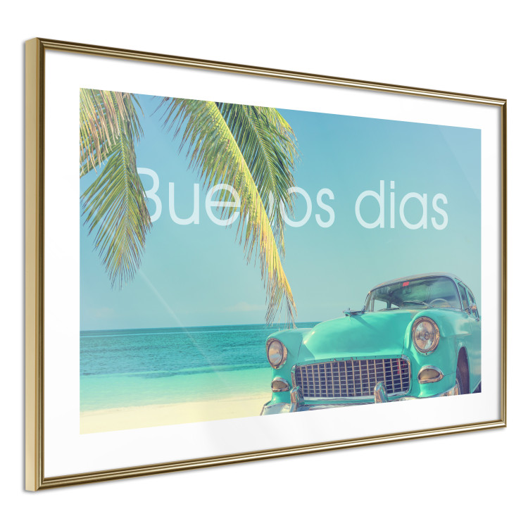 Poster Buenos días - blue retro car against a backdrop of palm trees and blue sky 116803 additionalImage 6