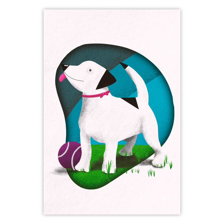 Poster Dog and Ball - colorful composition for children with a puppy on the grass 118703