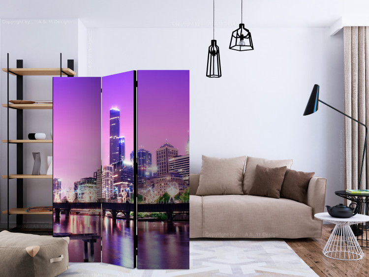 Room Divider Screen Purple Melbourne (3-piece) - skyscrapers against a purple sky 124203 additionalImage 4