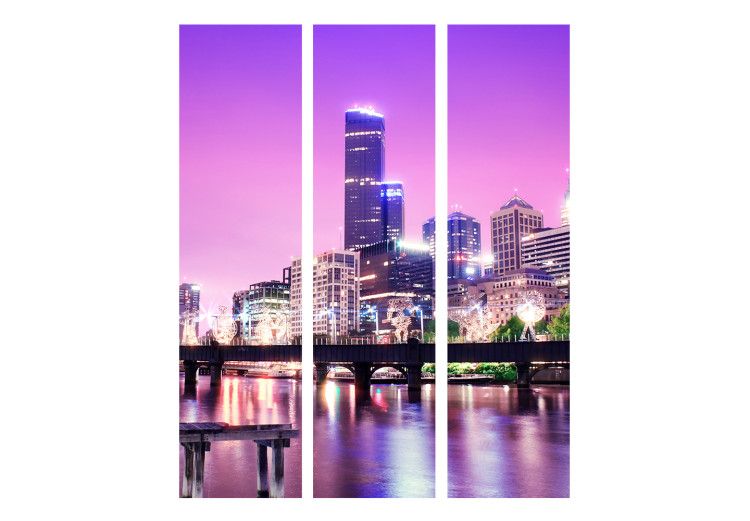 Room Divider Screen Purple Melbourne (3-piece) - skyscrapers against a purple sky 124203 additionalImage 3