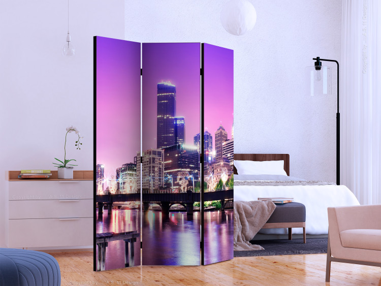 Room Divider Screen Purple Melbourne (3-piece) - skyscrapers against a purple sky 124203 additionalImage 2
