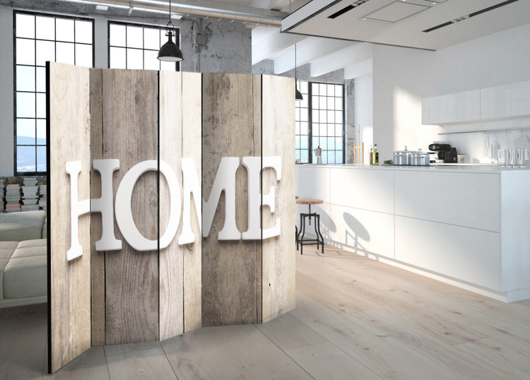 Room Divider Screen Home on Planks (5-piece) - white text on light brown wood 128803 additionalImage 2