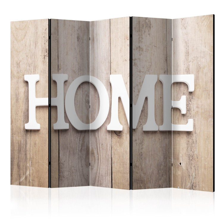 Room Divider Screen Home on Planks (5-piece) - white text on light brown wood 128803