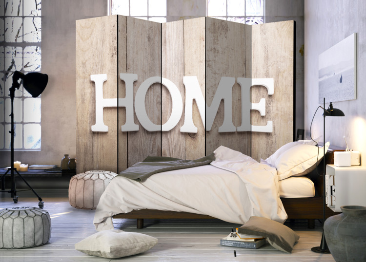 Room Divider Screen Home on Planks (5-piece) - white text on light brown wood 128803 additionalImage 4
