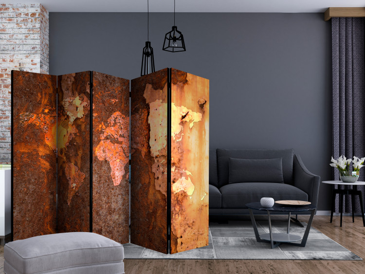 Room Divider Screen Metal Immersion II (5-piece) - world map in rust colors 132703 additionalImage 4