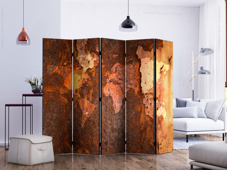 Room Divider Screen Metal Immersion II (5-piece) - world map in rust colors 132703 additionalImage 2