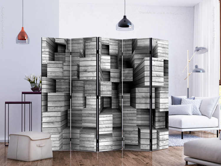 Folding Screen Gray Precision II - texture of wooden figures with 3D effect imitation 133603 additionalImage 2