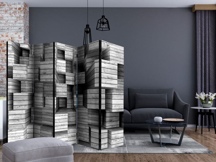 Folding Screen Gray Precision II - texture of wooden figures with 3D effect imitation 133603 additionalImage 4