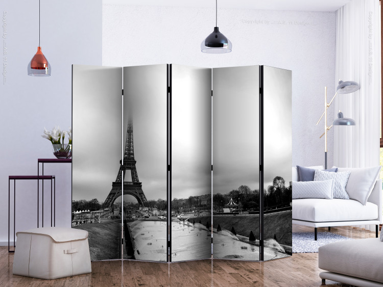 Room Separator Paris: Eiffel Tower II - black and white cityscape architecture in fog 133803 additionalImage 2