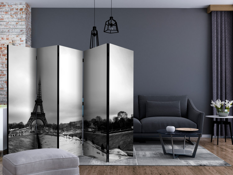 Room Separator Paris: Eiffel Tower II - black and white cityscape architecture in fog 133803 additionalImage 4