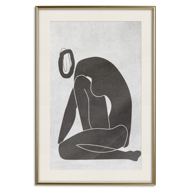 Poster Figure in Contemplation - dark silhouette of a kneeling woman on a gray background 134203 additionalImage 20