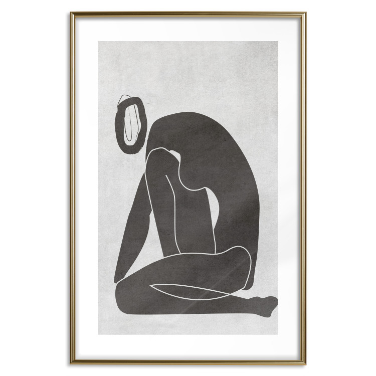 Poster Figure in Contemplation - dark silhouette of a kneeling woman on a gray background 134203 additionalImage 16