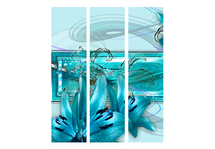 Room Separator Turquoise Idyll (3-piece) - blue abstraction in lily flowers 134303 additionalImage 3