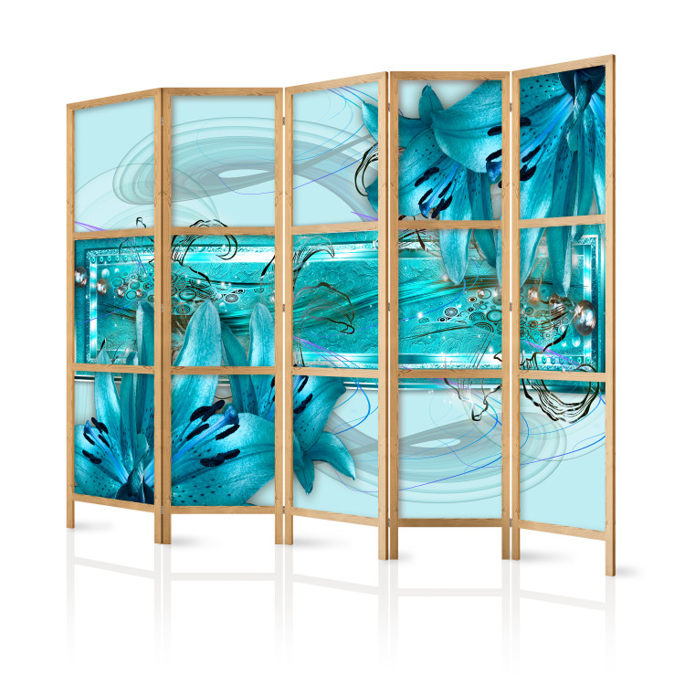 Room Separator Turquoise Idyll (3-piece) - blue abstraction in lily flowers 134303 additionalImage 5
