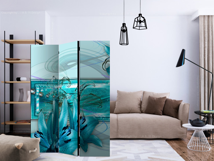 Room Separator Turquoise Idyll (3-piece) - blue abstraction in lily flowers 134303 additionalImage 4