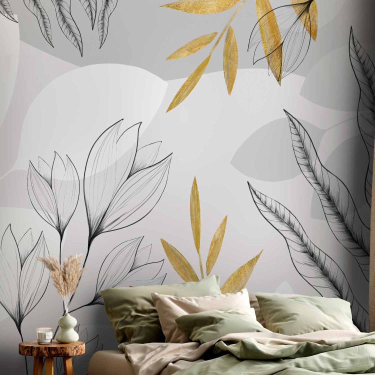 Wall Mural Spring abstraction - leaves and flowers with golden elements 138803 additionalImage 2