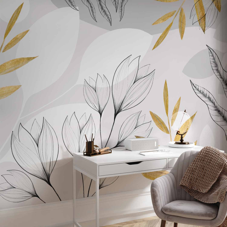 Wall Mural Spring abstraction - leaves and flowers with golden elements 138803 additionalImage 4