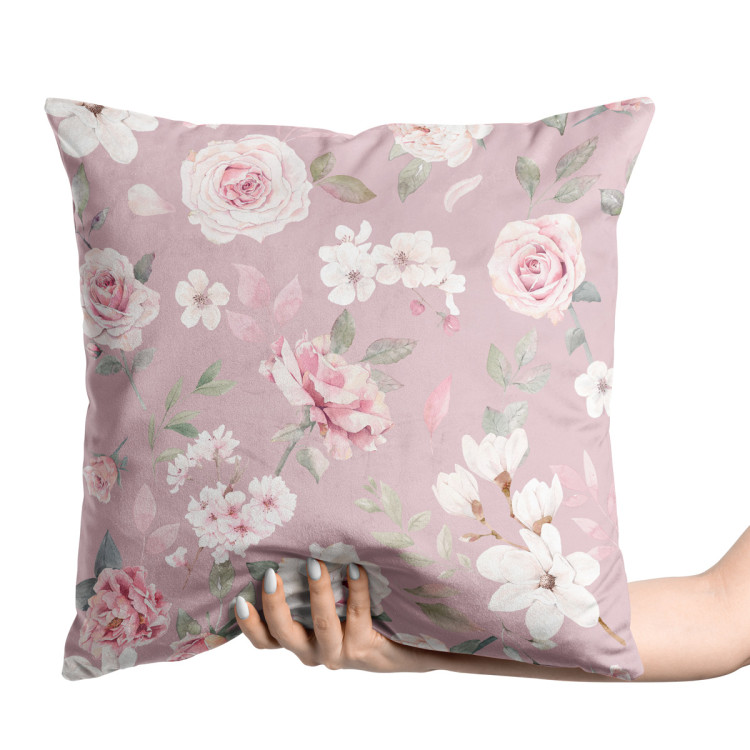 Decorative Velor Pillow Spring charm - vintage-style rose and magnolia on dark pink background 147103 additionalImage 2