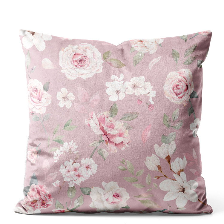 Decorative Velor Pillow Spring charm - vintage-style rose and magnolia on dark pink background 147103