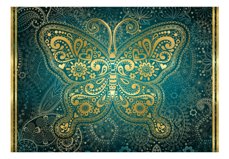 Wall Mural Oriental Design - Golden Butterfly Ornament on a Turquoise Background 60103 additionalImage 1