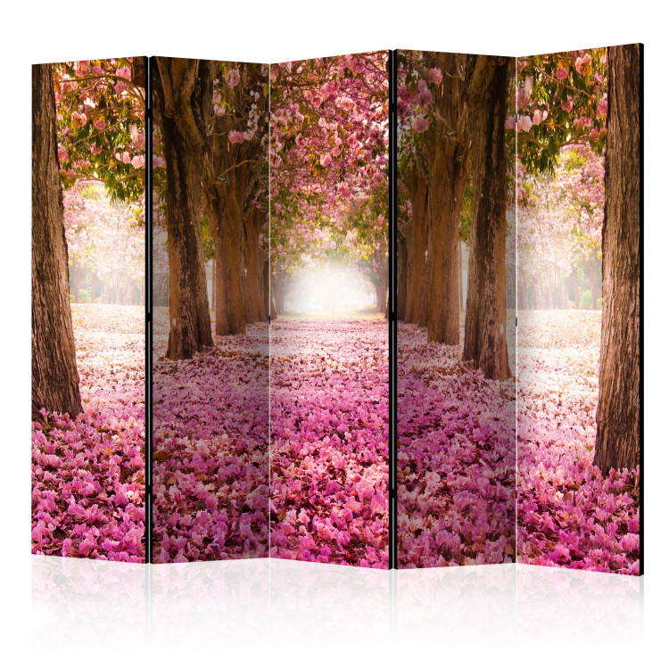 Folding Screen Pink Grove II - landscape of trees and a road strewn with pink leaves 108413