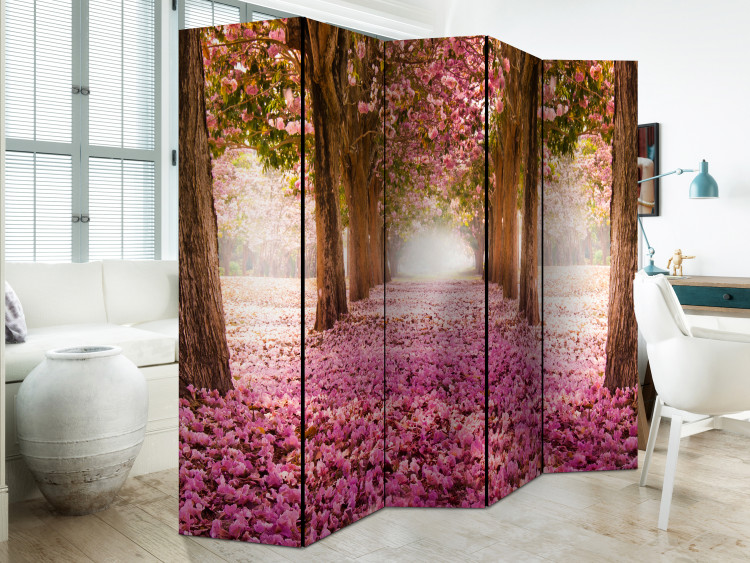 Folding Screen Pink Grove II - landscape of trees and a road strewn with pink leaves 108413 additionalImage 2
