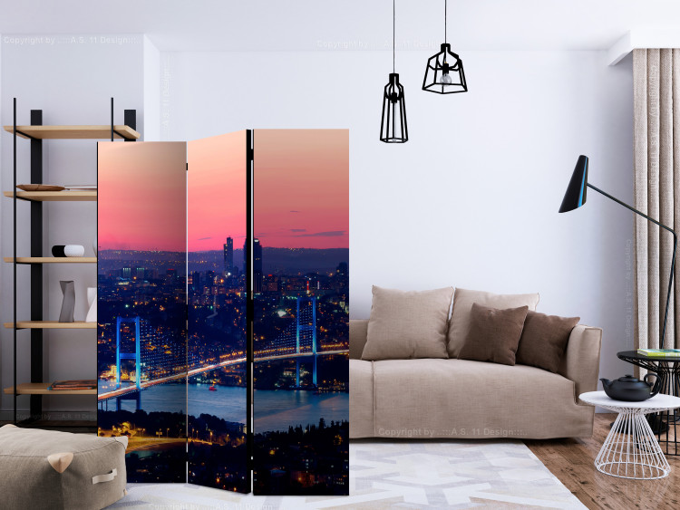 Folding Screen Bosphorus Bridge (3-piece) - tall skyscrapers and pink sunset 124213 additionalImage 4
