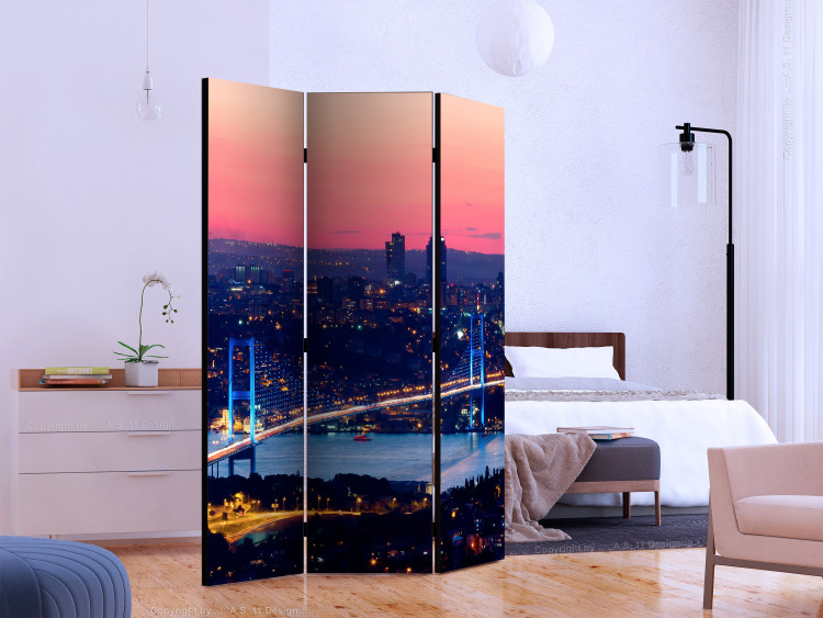 Folding Screen Bosphorus Bridge (3-piece) - tall skyscrapers and pink sunset 124213 additionalImage 2