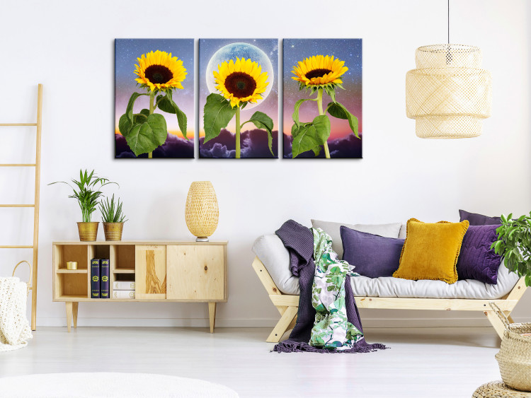 Canvas Art Print Sunflowers on clouds background - triptych with flowers, moon and sky 124413 additionalImage 3