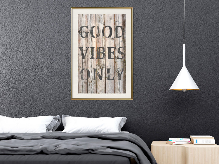 Wall Poster Retro: Good Vibes Only - English text on a background of wooden planks 125713 additionalImage 21