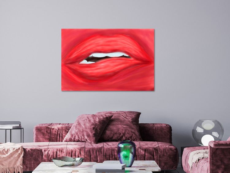 Canvas Print Female lips - slipping mouth on a bright-red background 134613 additionalImage 3