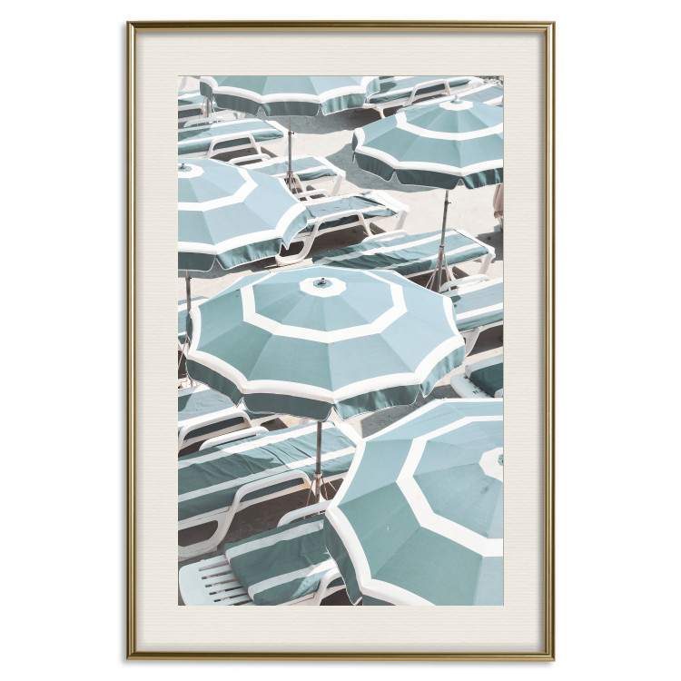Poster Turquoise Umbrellas - summer landscape of a sandy beach filled with sunbeds 135913 additionalImage 18